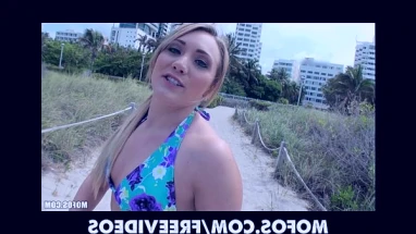 Big-booty bkini blonde Kaylee Evans is convinced to try anal sex